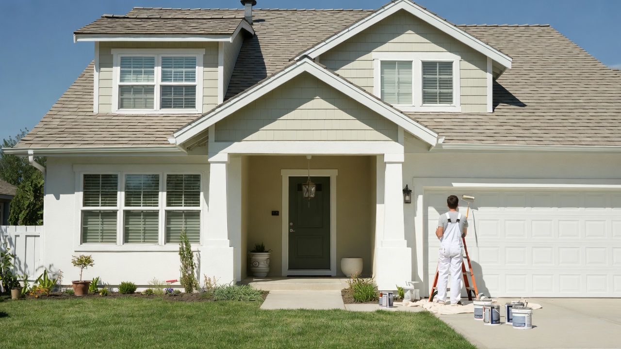 Professional painter applying fresh exterior paint to a modern suburban home on a sunny day, illustrating the process of house painting and the costs involved in 2026.
